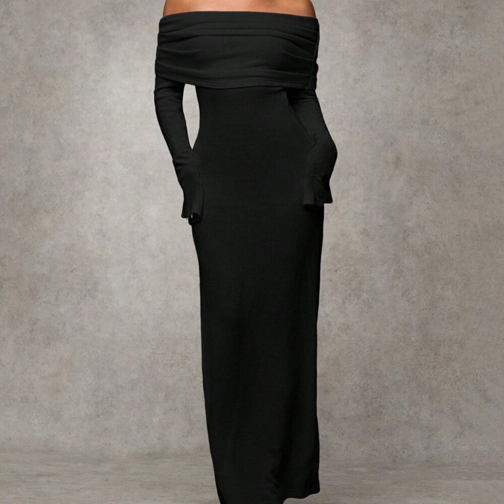 Black Elegant Women's Off-Shoulder Long Fitted Dress